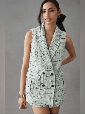 Anthropologie Maeve Tweed Vest Career Jacket Blazer Ivory Black Size 12